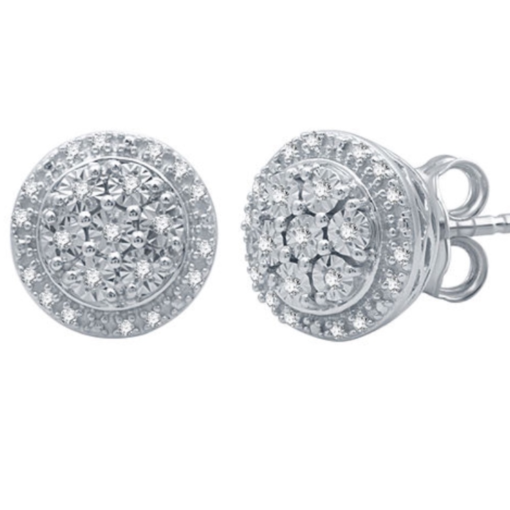 Genuine Diamond 9.3 mm Stud Earrings Sterling Silv - Picture 2 of 3